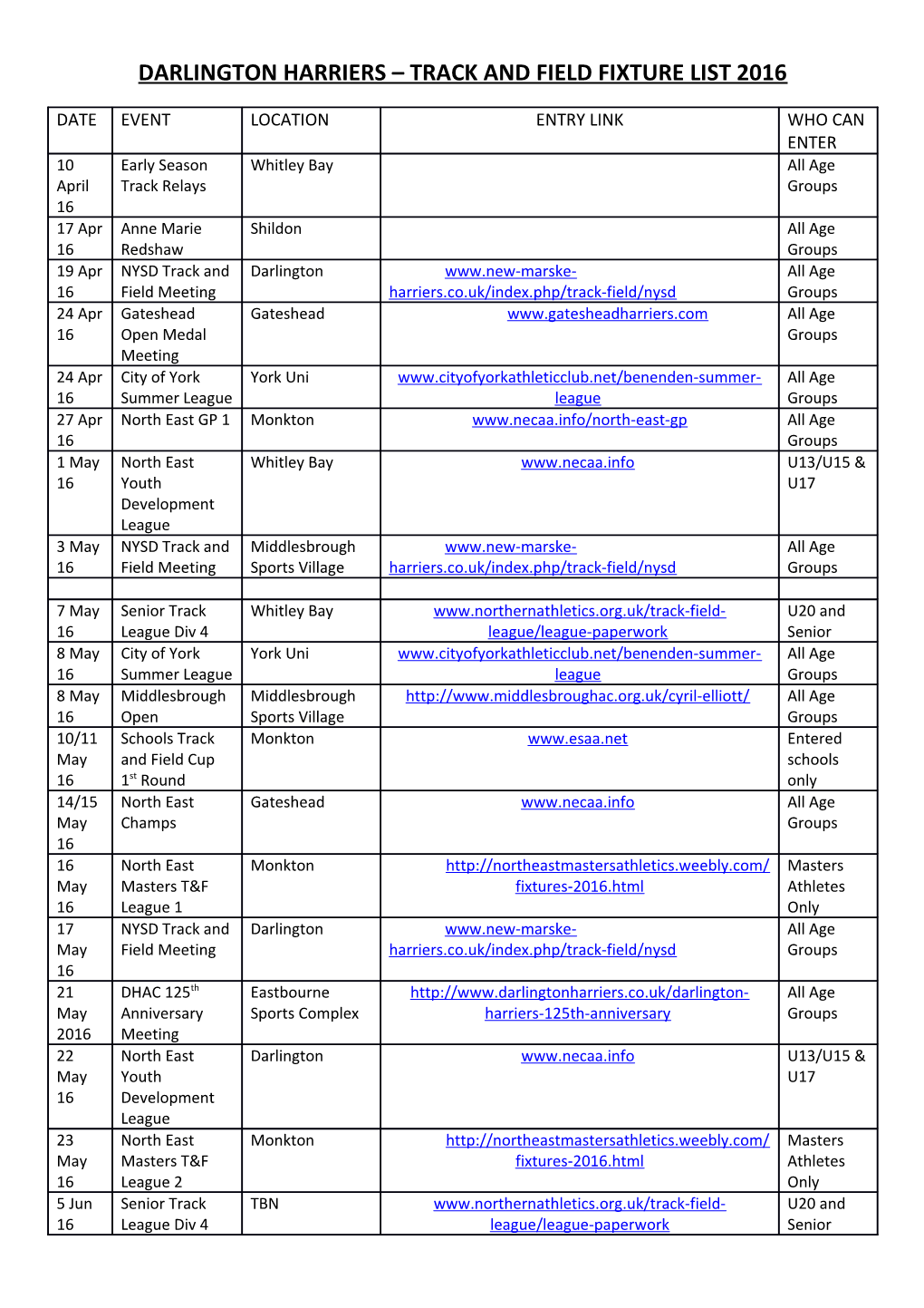 Darlington Harriers Track and Field Fixture List 2016
