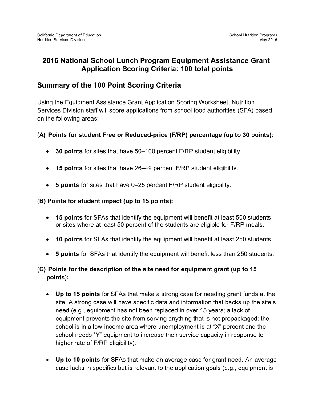 RFA: 2016 Equipment Grant Criteria (CA Dept of Education)