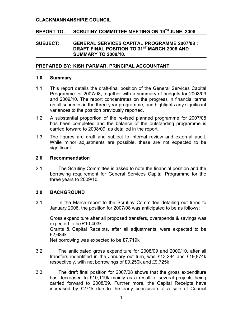 Report To: Scrutiny Committee Meeting on 19Thjune 2008