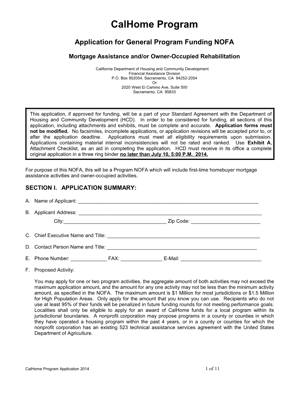 Application for General Program Funding NOFA