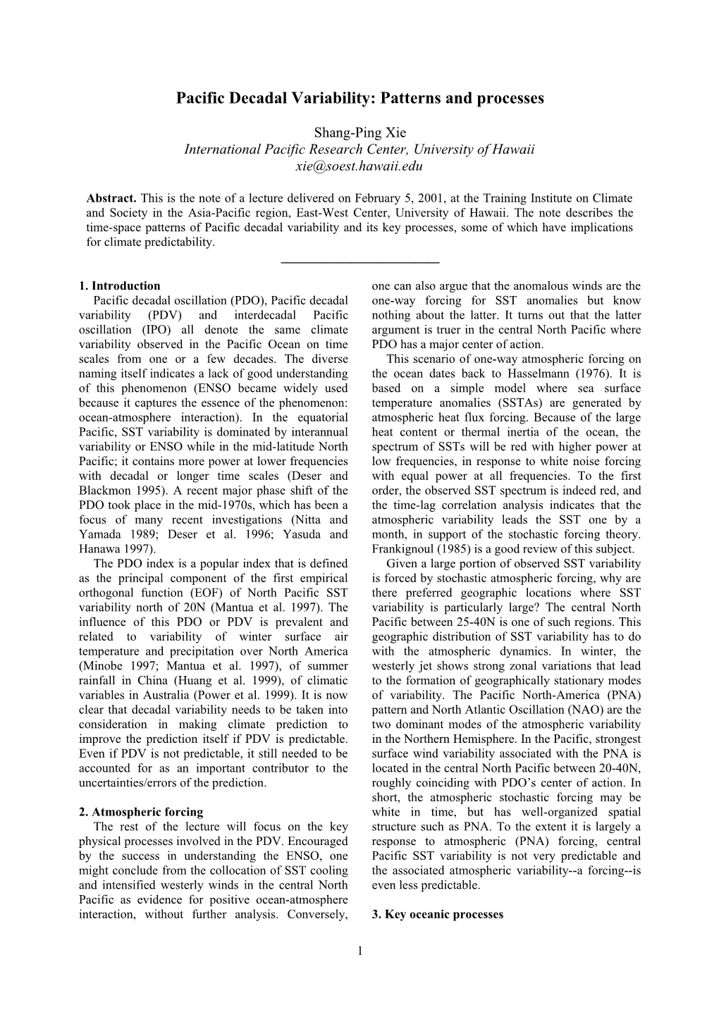 Pacific Decadal Variability: Patterns and Processes