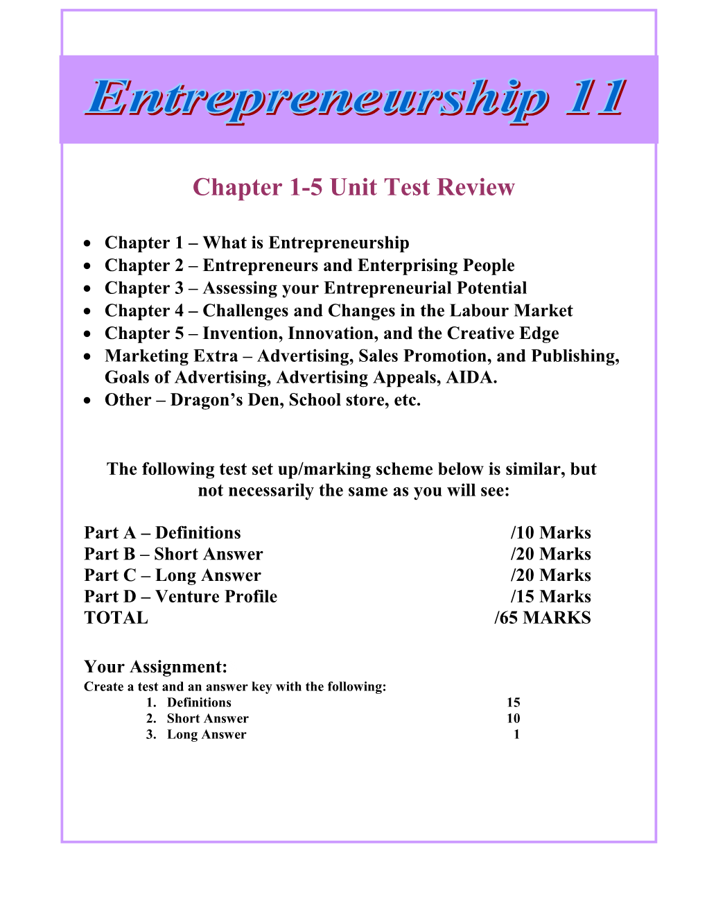 Chapter 1-5 Unit Test Review
