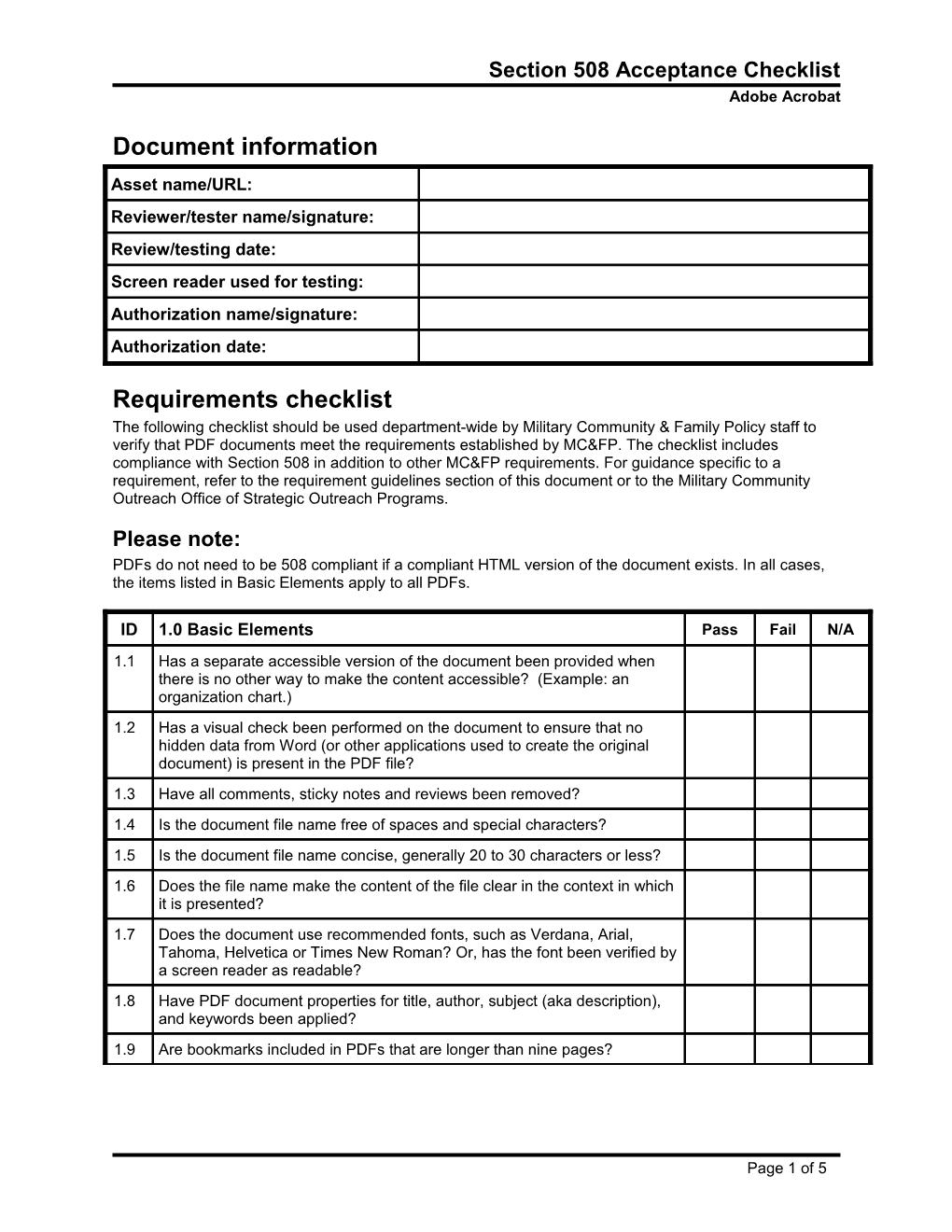 Section 508 Acceptance Checklist