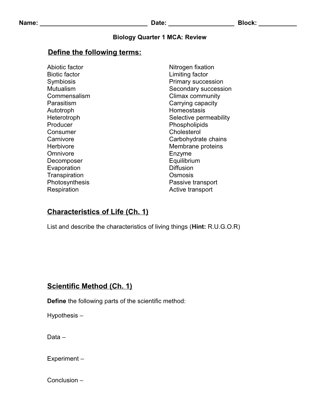 Biology Quarter 1 MCA: Review