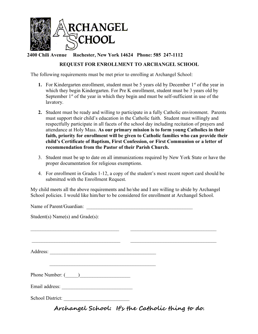 Request for Enrollment to Archangel School