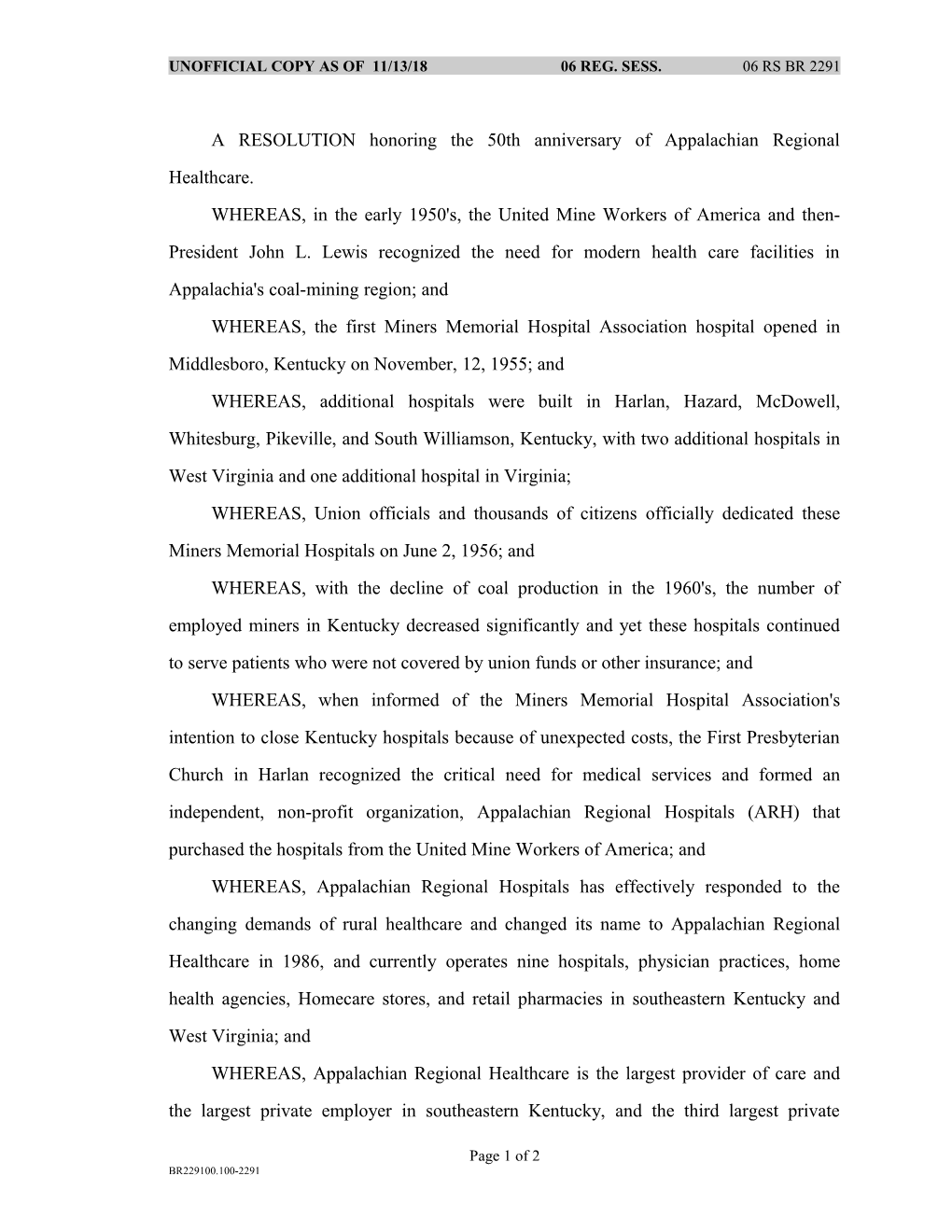 A RESOLUTION Honoring the 50Th Anniversary of Appalachian Regional Healthcare