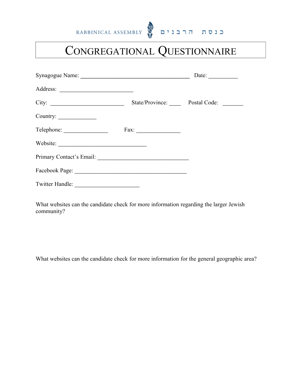 Congregational Questionnaire
