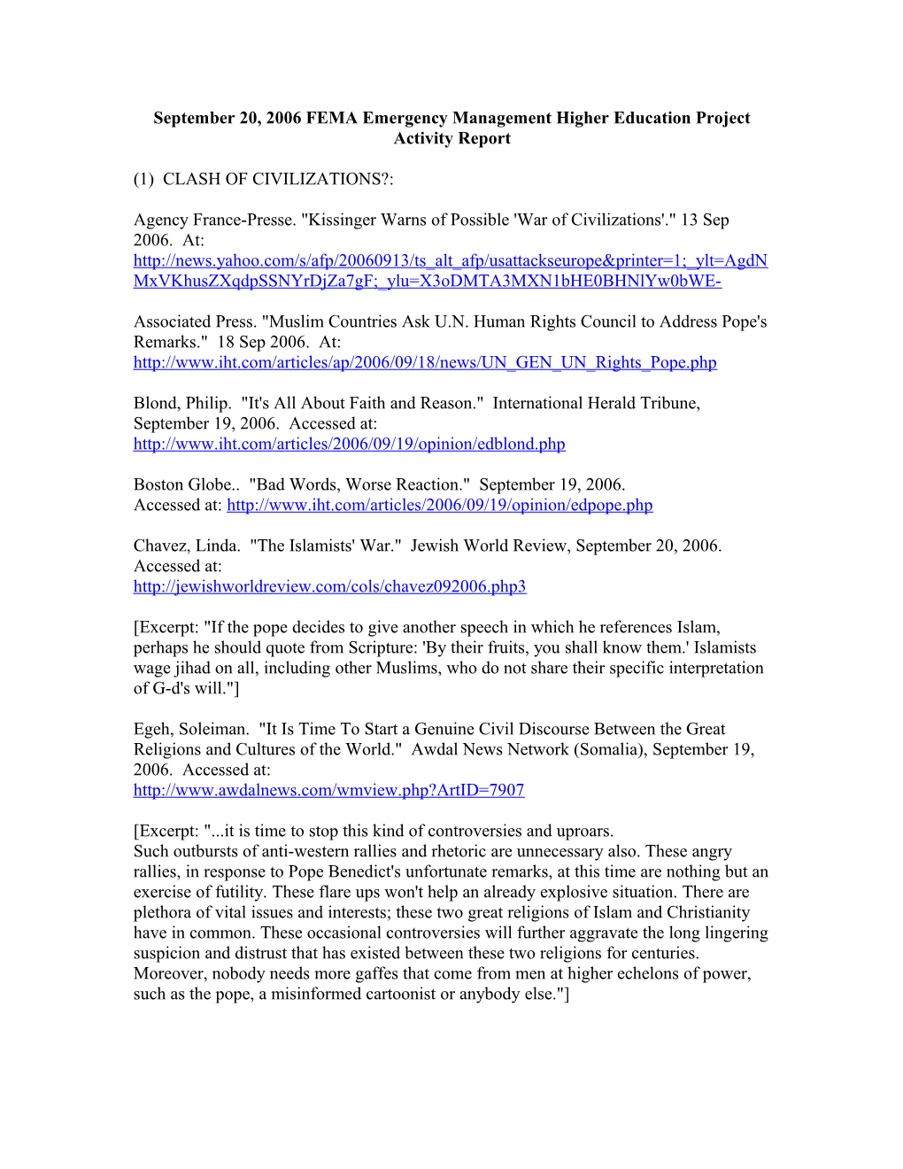 September 20, 2006 FEMA Emergency Management Higher Education Project Activity Report