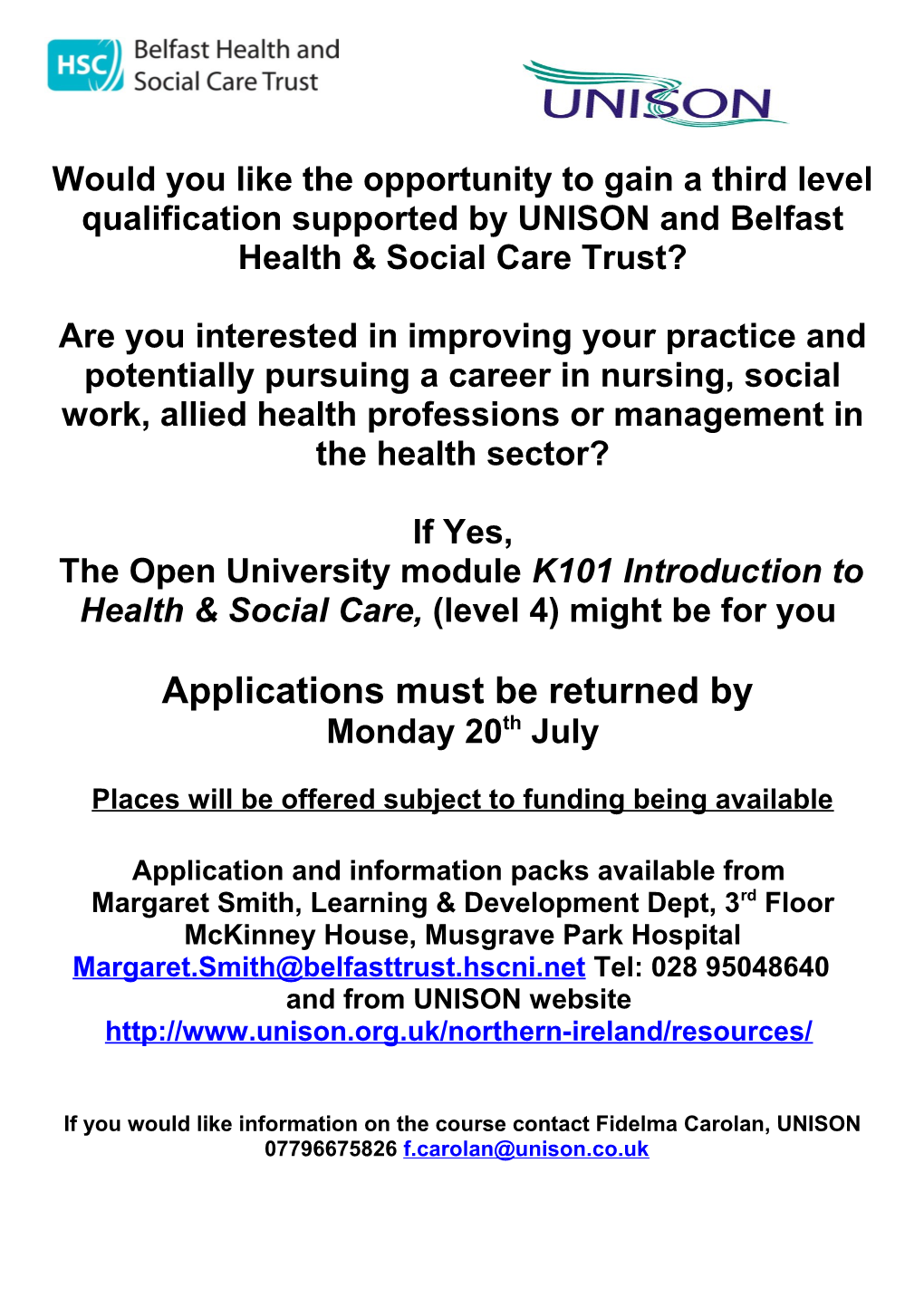 Belfast Trust K101 Introduction to Health & Social Care, (Level 4) Application Pack