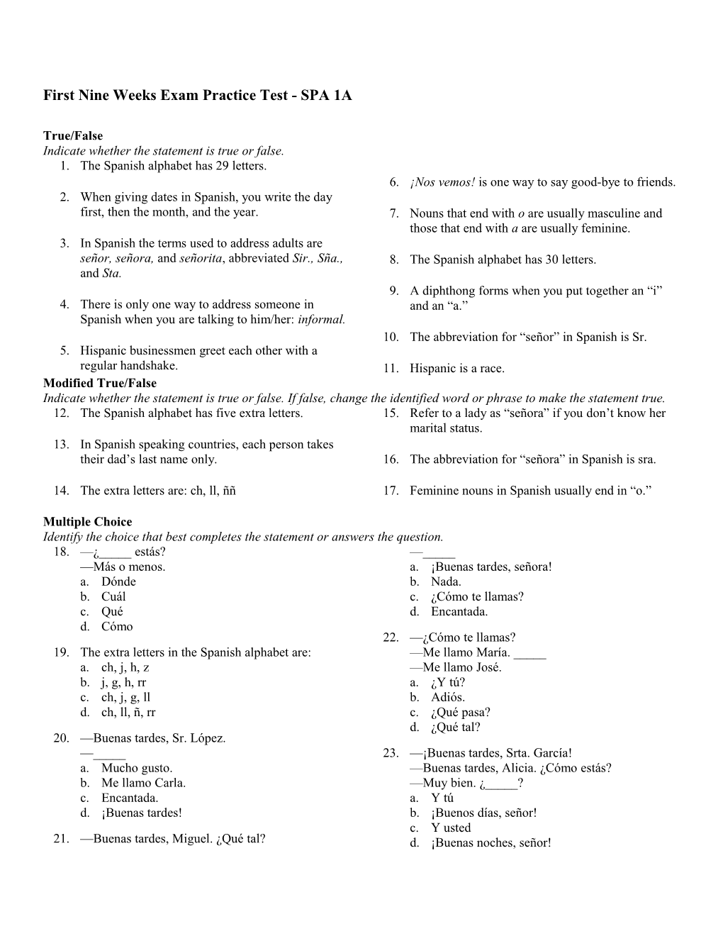 First Nine Weeks Exam Practice Test - SPA 1A