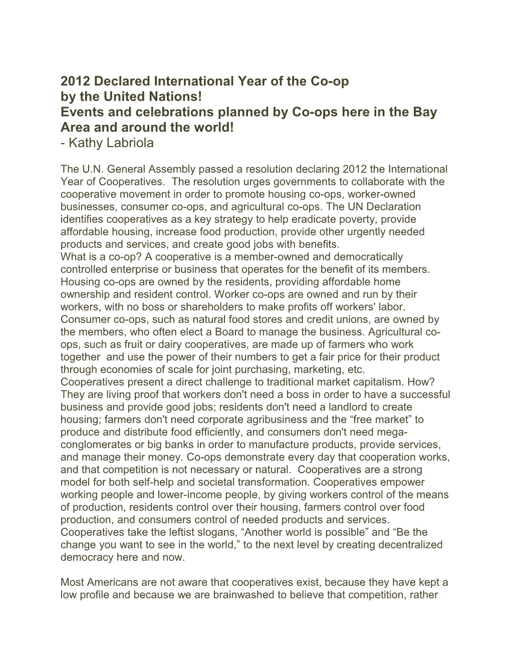 2012 Declared International Year of the Co-Op