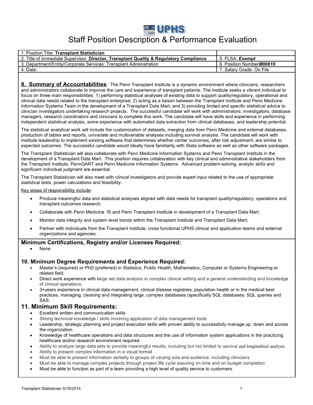 Staff Position Description & Performance Evaluation