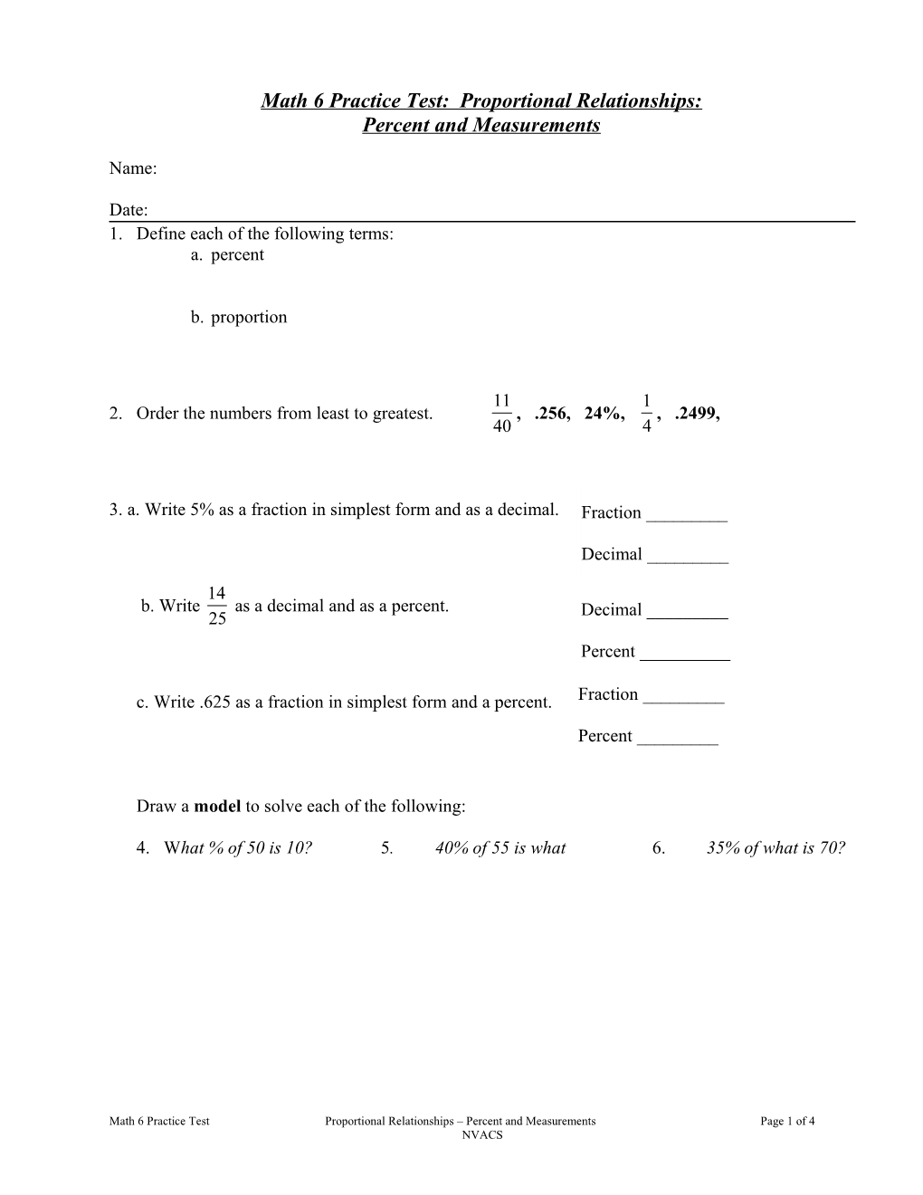 Math 6 Practice Test: Proportional Relationships