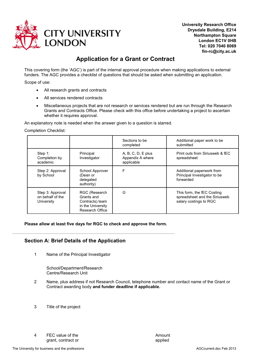 Application for a Grant Or Contract