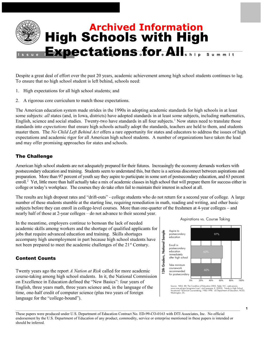 Archived: the High School Leadership Summit Issue Papers: High Schools with High Expectations