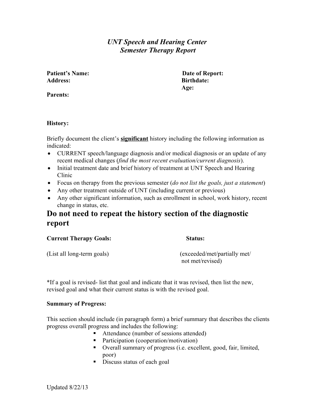 Speech Therapy Progress Report