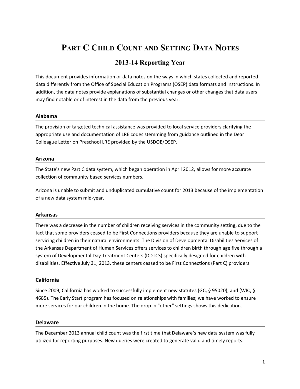 Part Cchild Count and Setting Data Notes