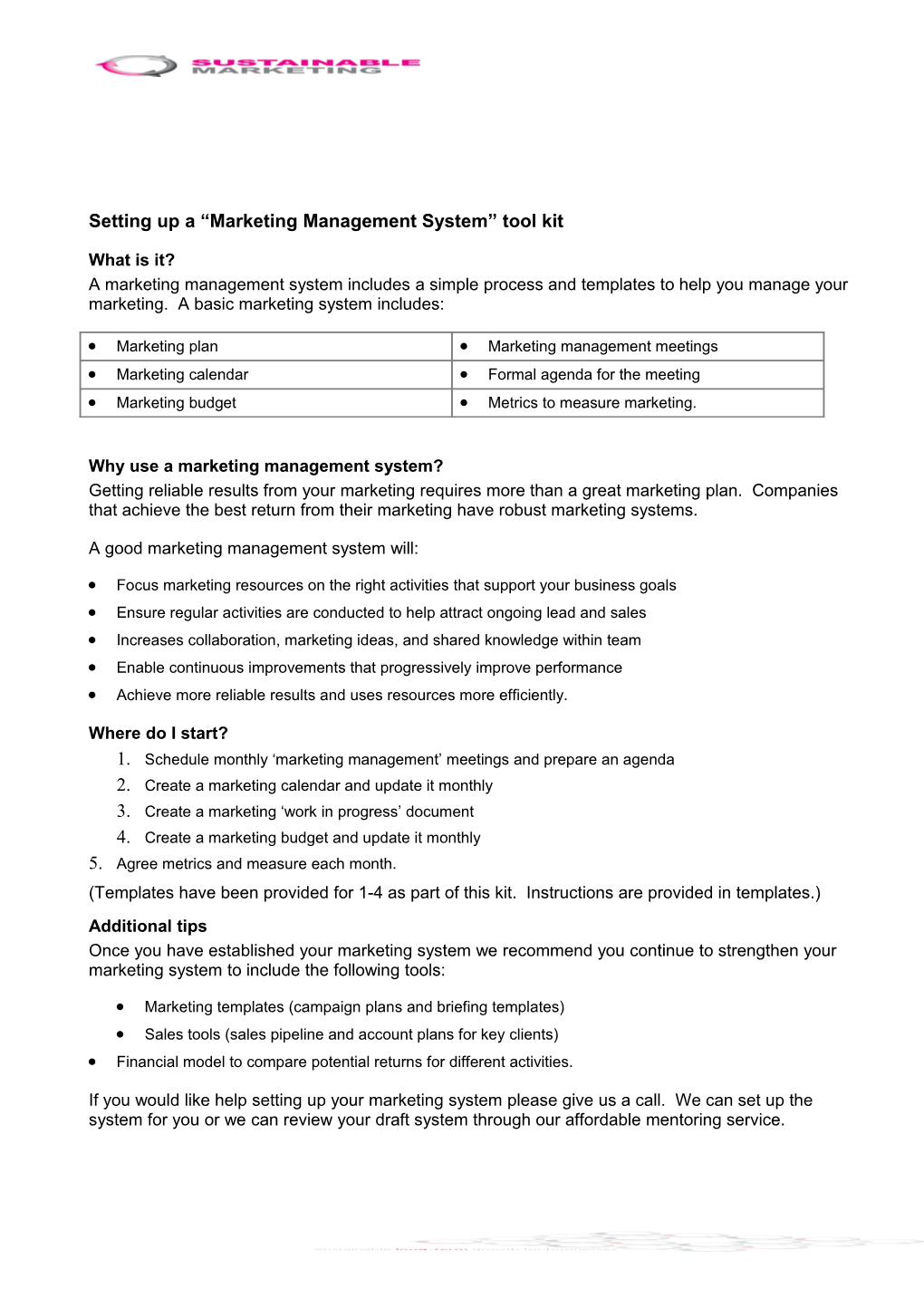 Setting up a Marketing Management System Tool Kit