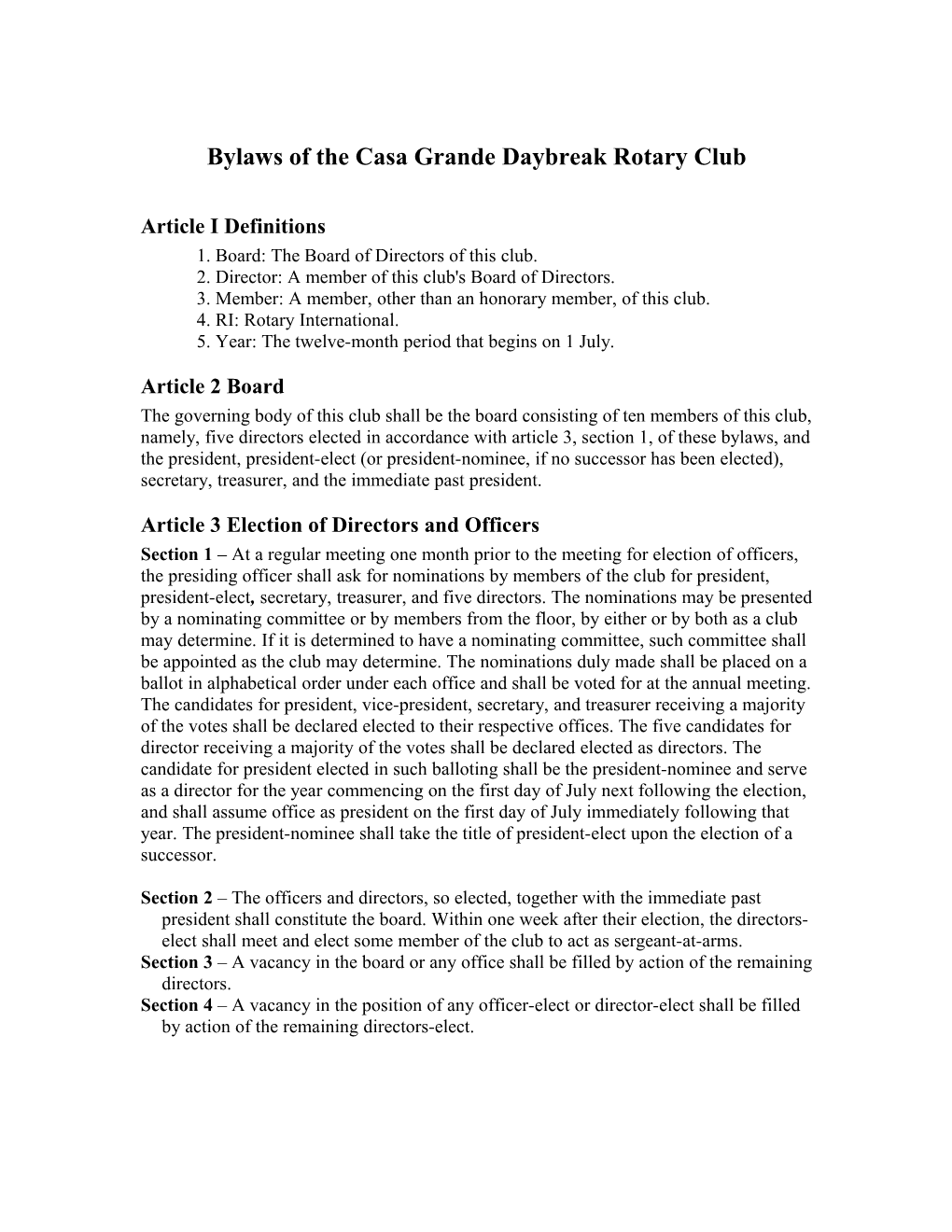Bylaws of the Casa Grande Daybreak Rotary Club