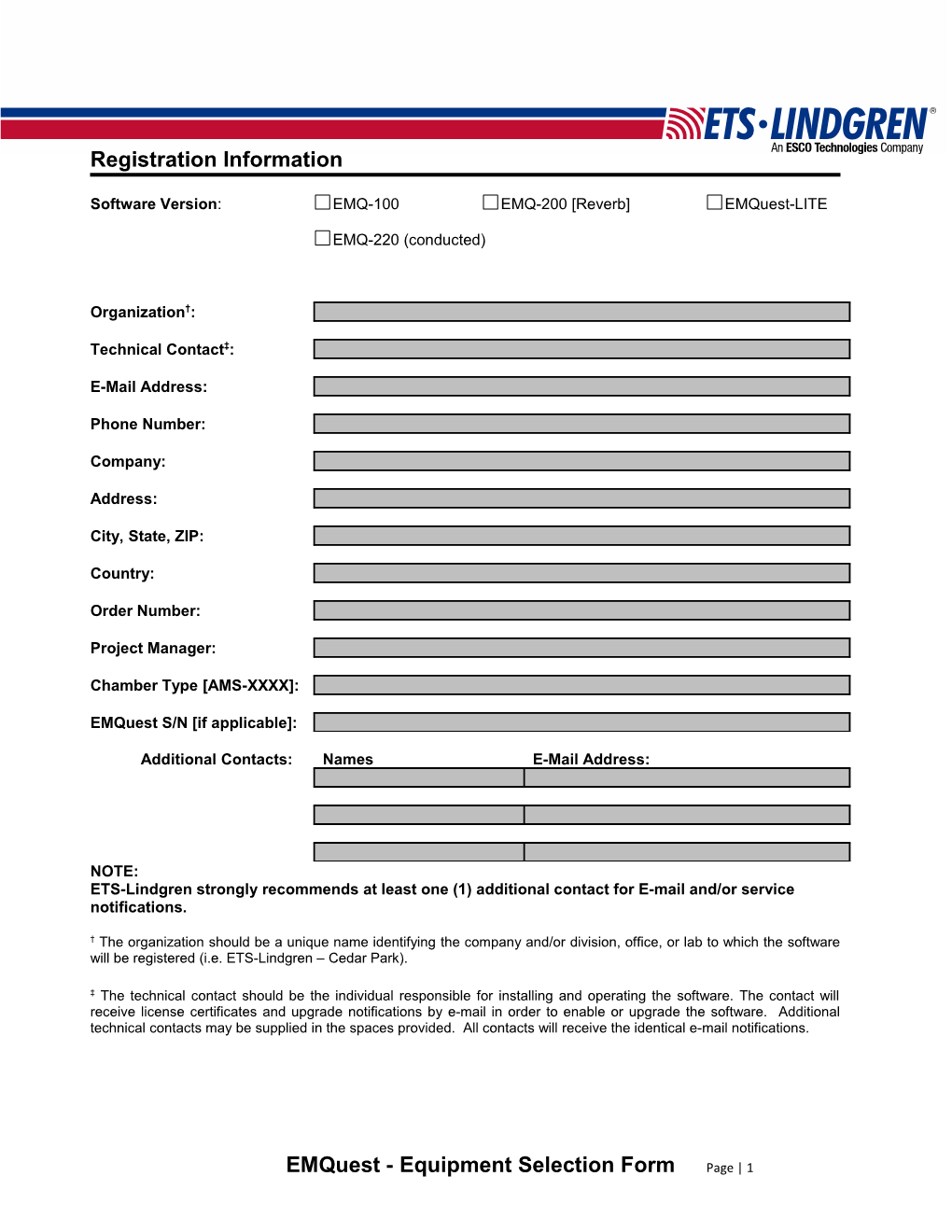 Emquest Optional Equipment Selection Form