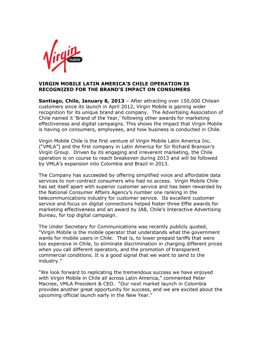 Virgin Mobile Latin America S Chile Operation Is Recognized for the Brand S Impact On