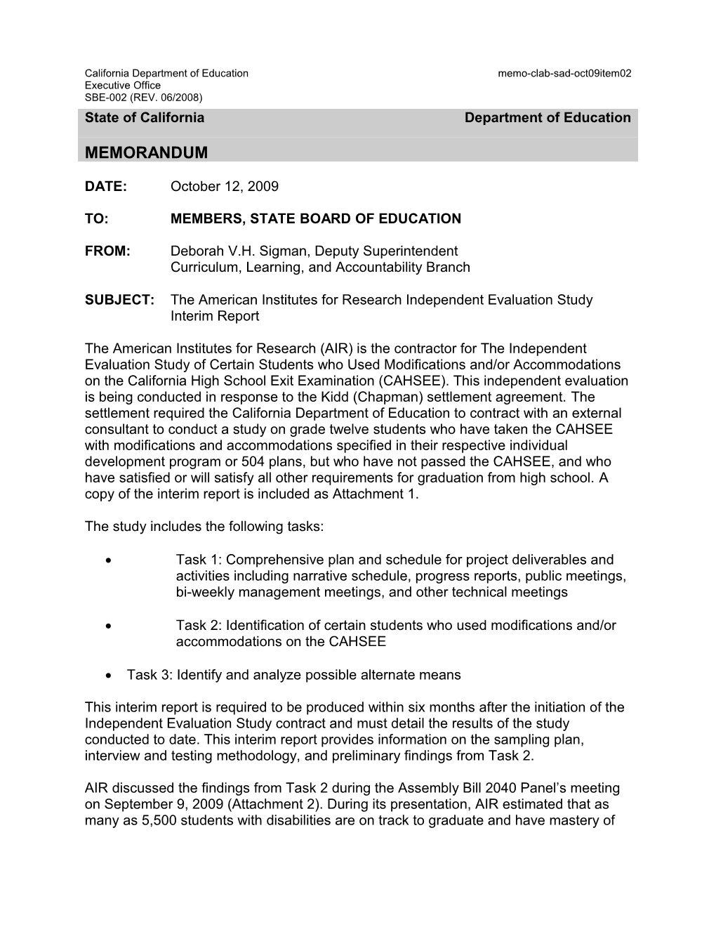 October 2009 CLAB Item 03 - Information Memorandum (CA State Board of Education)