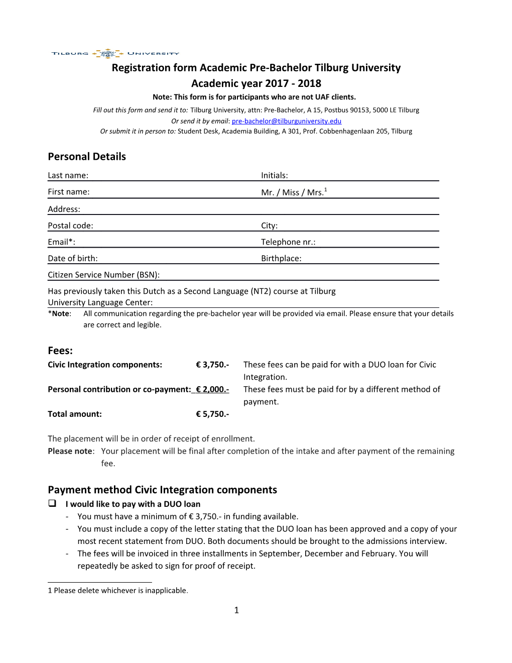 Registration Form Academic Pre-Bachelor Tilburg University