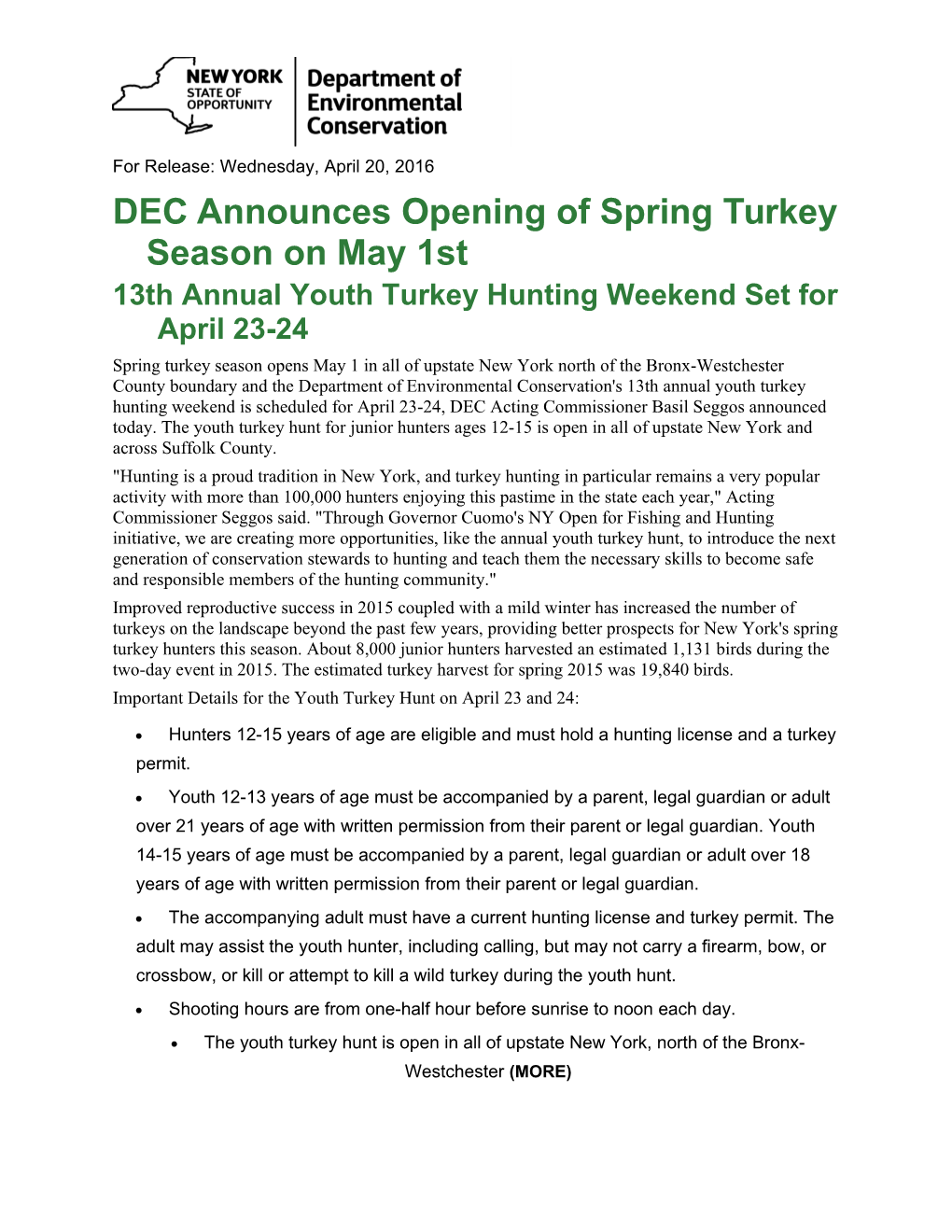 DEC Announces Opening of Spring Turkey Season on May 1St