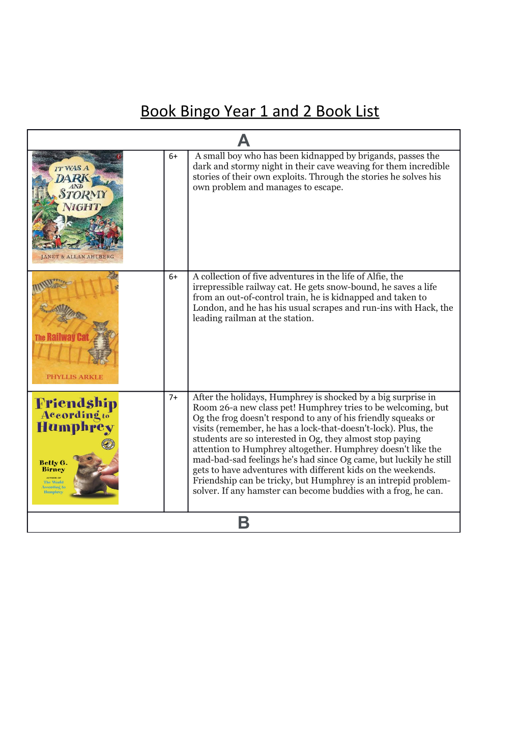 Book Bingo Year 1 and 2 Book List