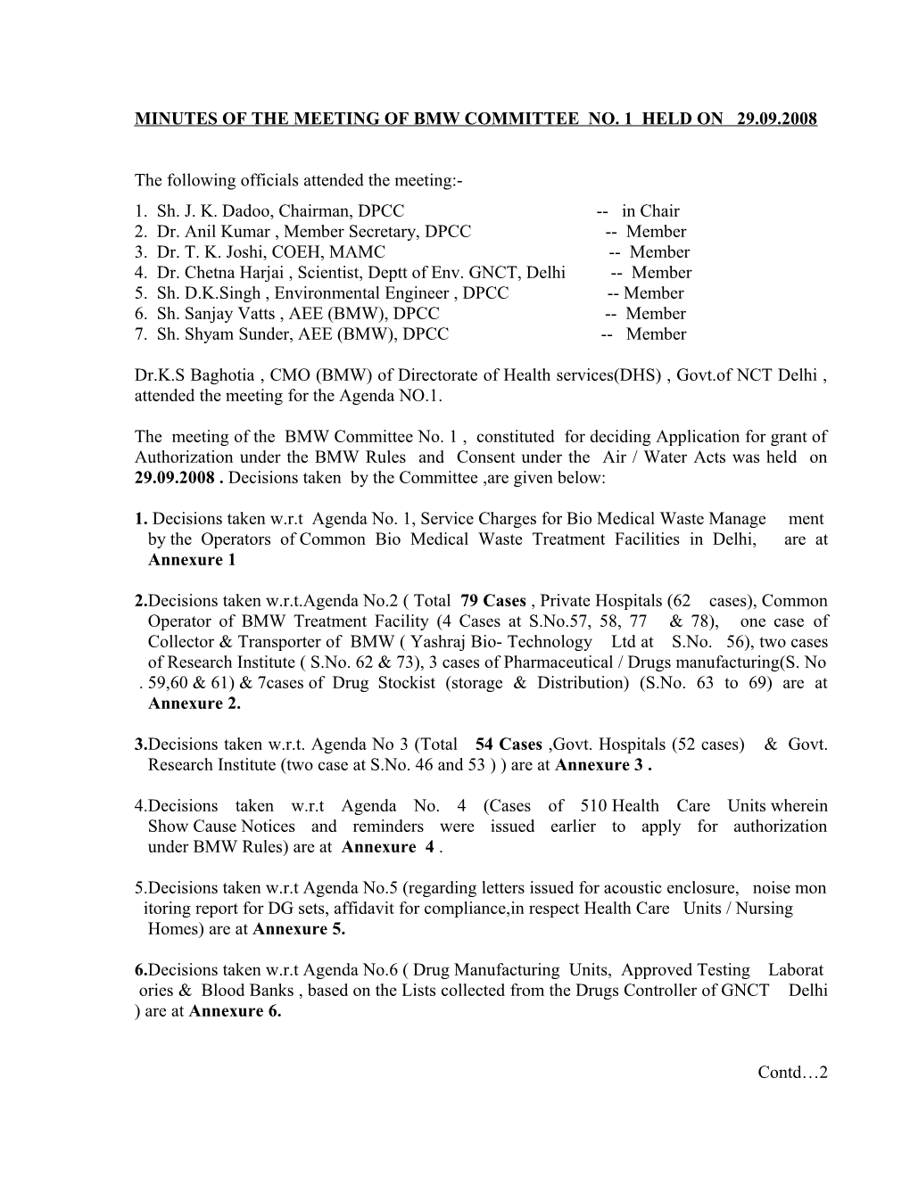 Minutes of the Meeting of Bmw Committee No. 1 Held on 29.09.2008