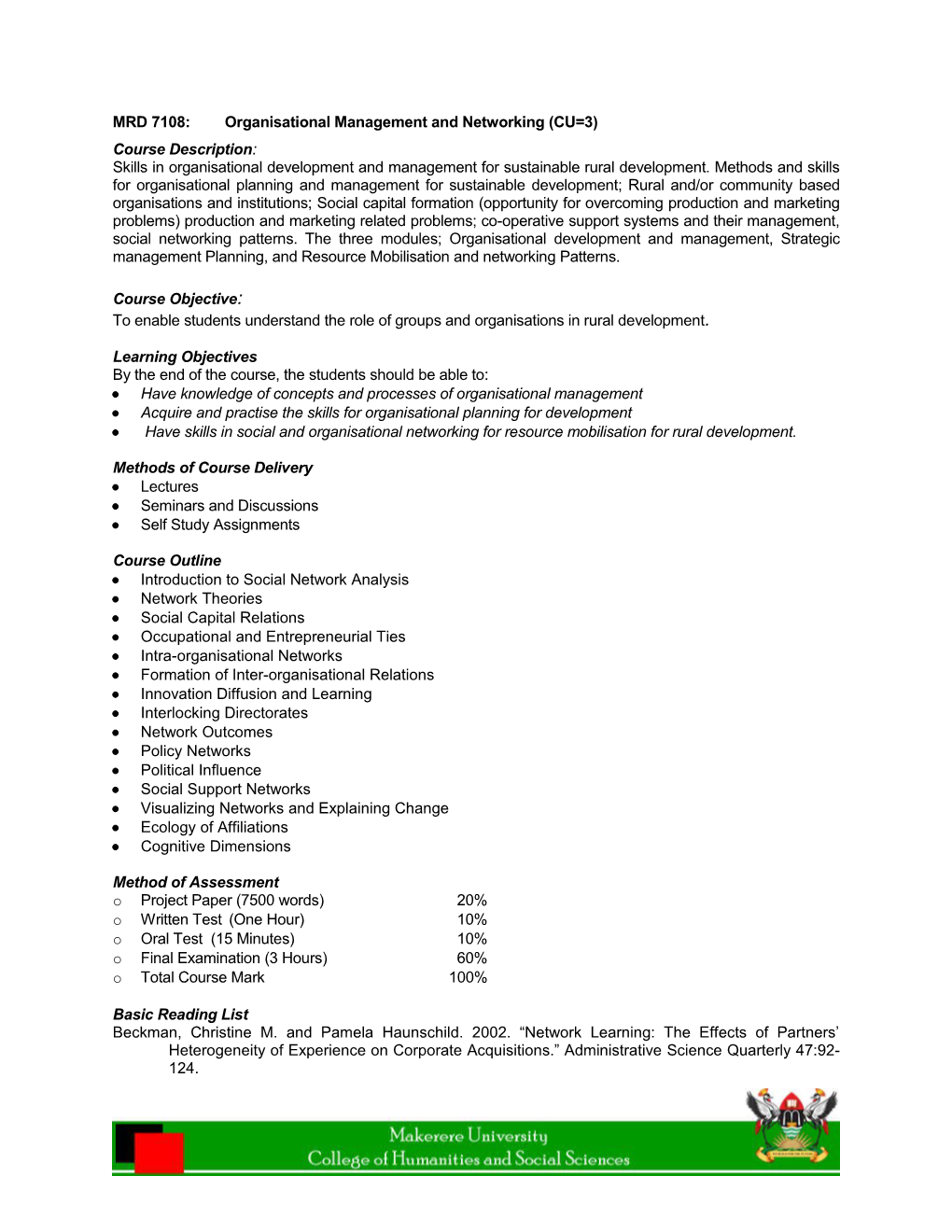 MRD 7108:Organisational Management and Networking (CU=3)