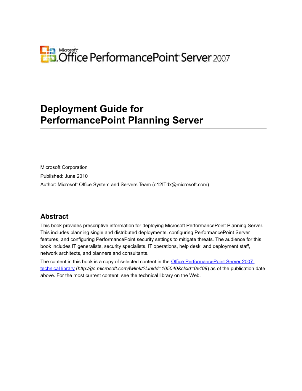 Deployment Guide for Performancepoint Planning Server