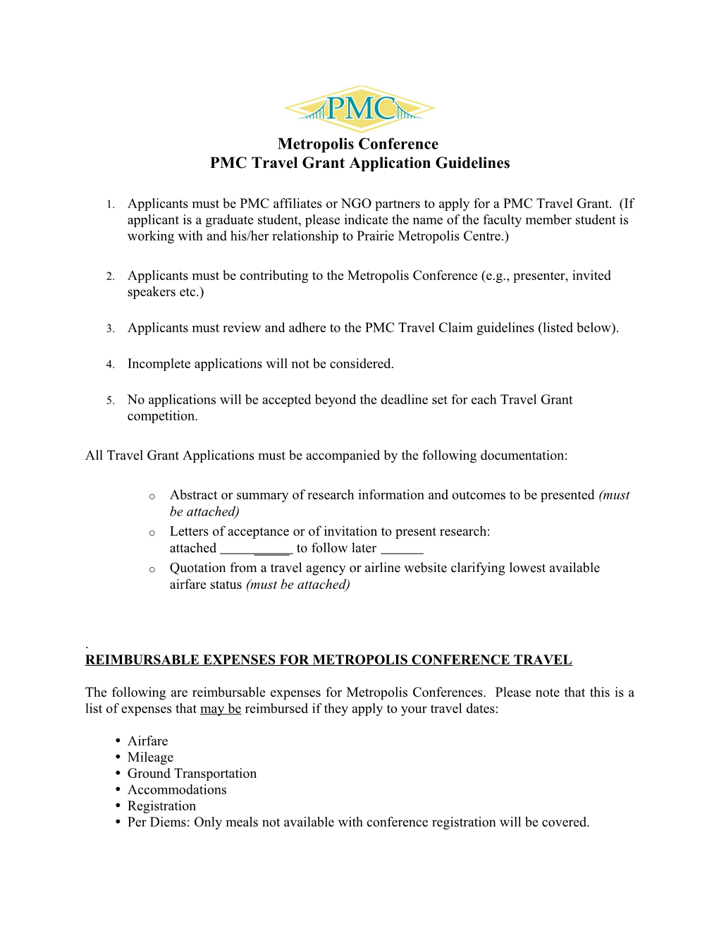 PMC Travel Grant Application Guidelines