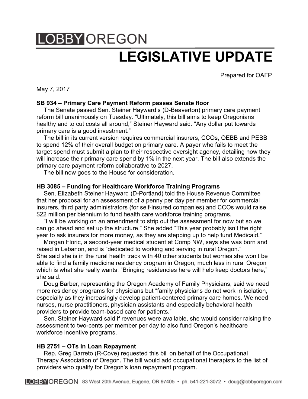 SB 934 Primary Care Payment Reform Passes Senate Floor