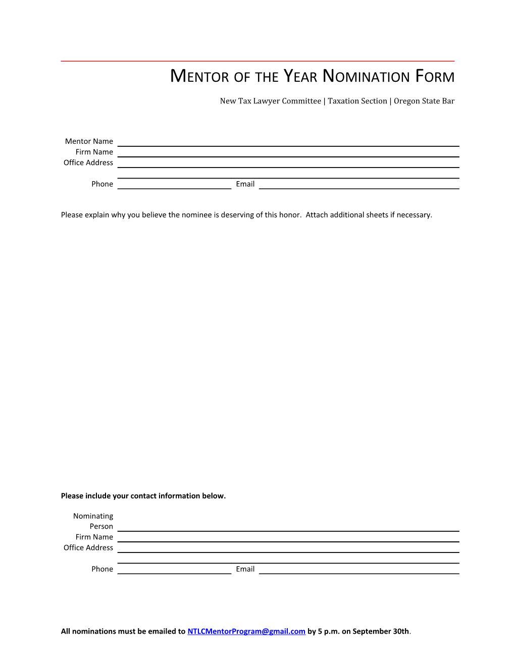 Mentor of the Year Nomination Form