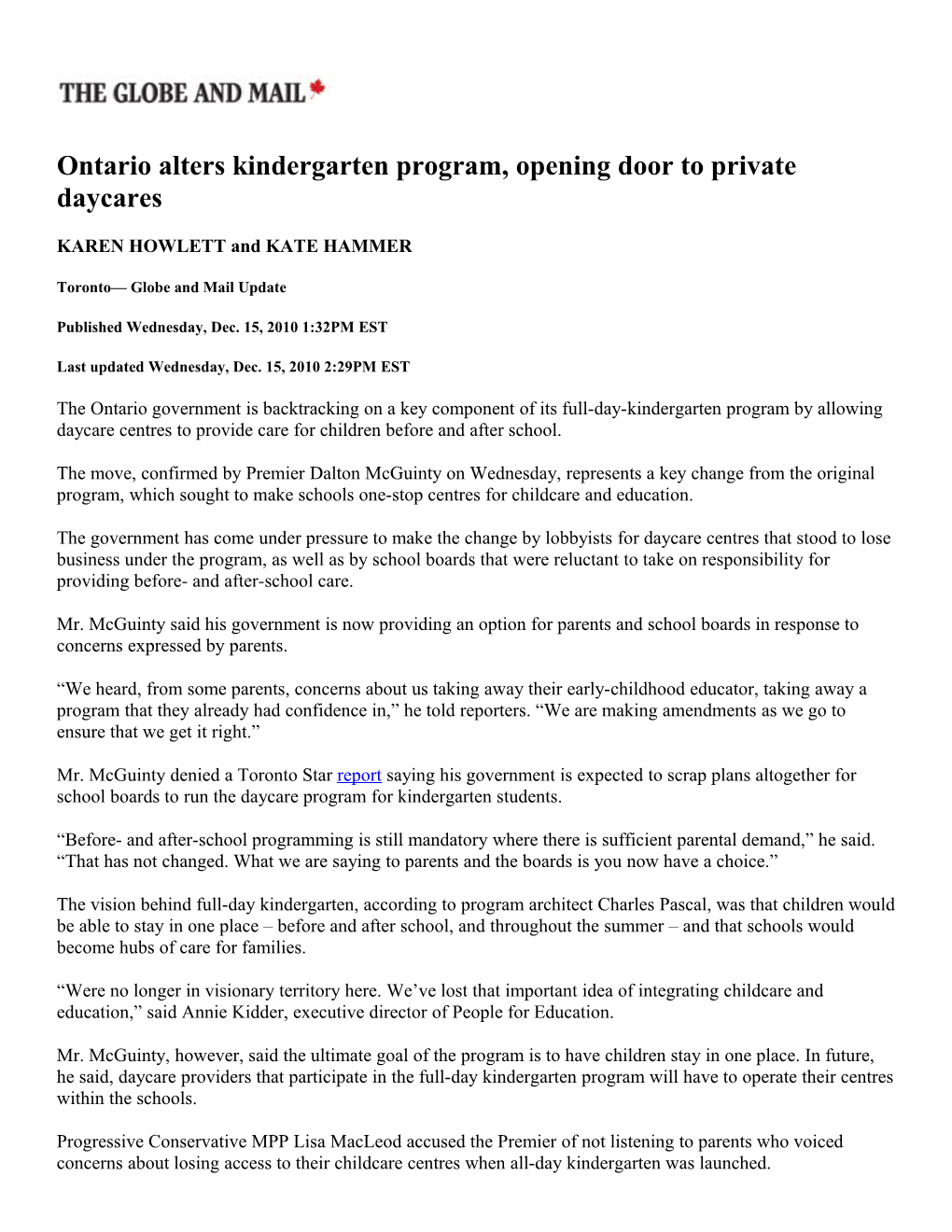 Ontario Alters Kindergarten Program, Opening Door to Private Daycares