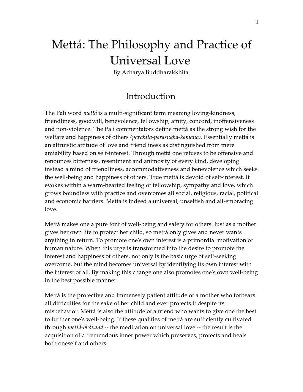 Mettá: the Philosophy and Practice of Universal Love