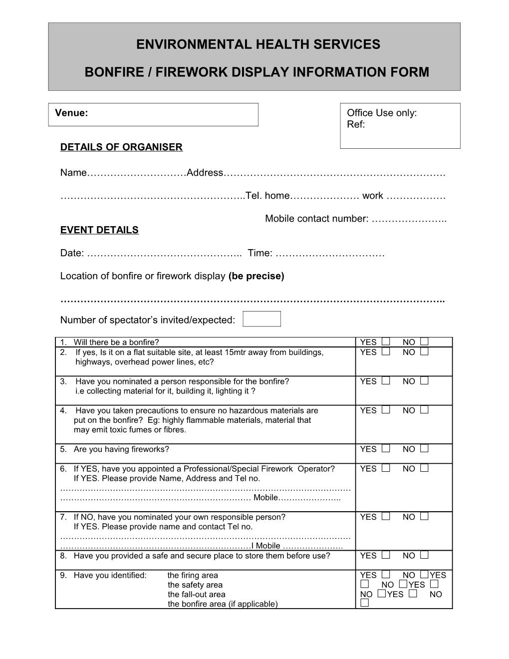 Environmental Health Services Bonfire / Firework Display Form