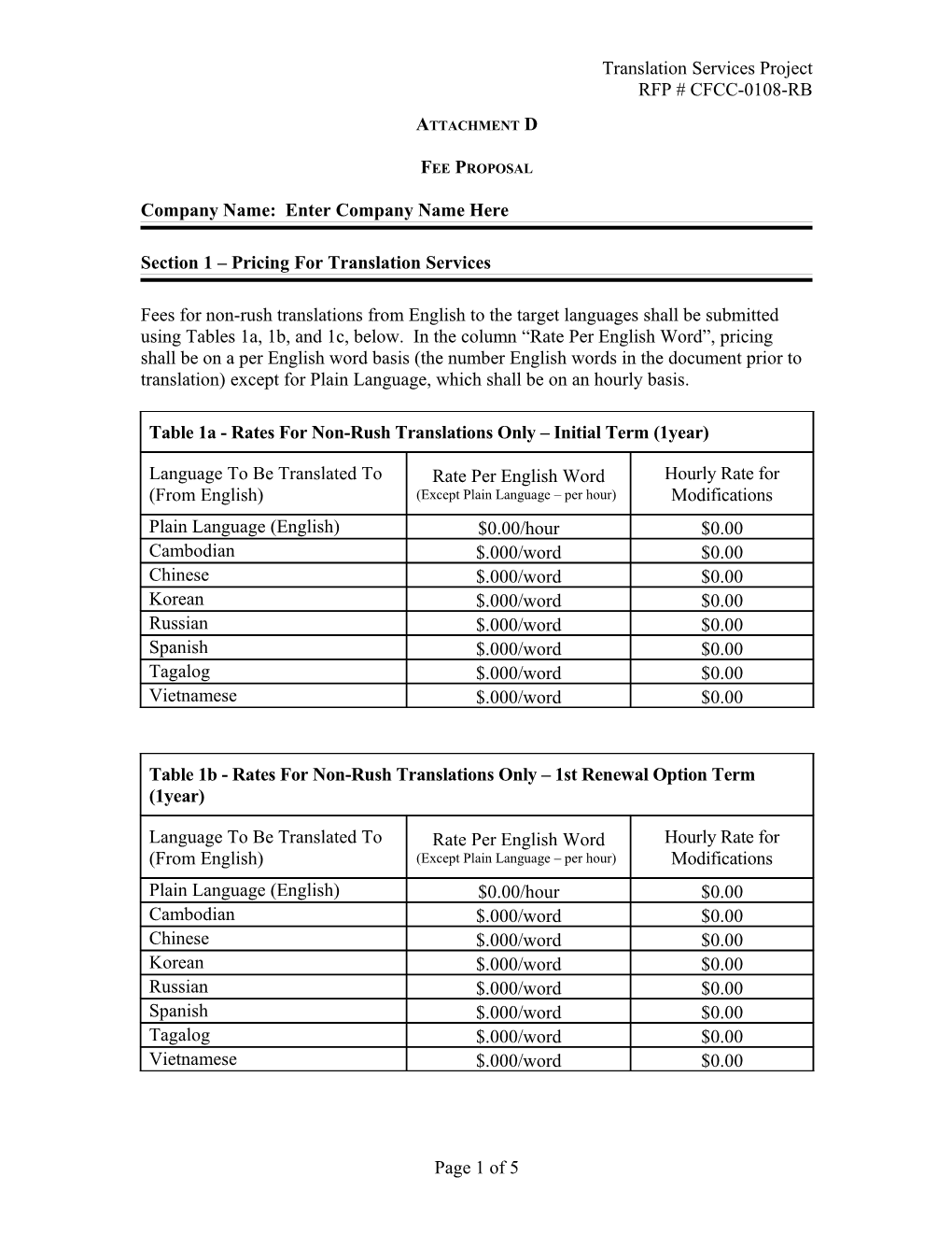 Section 1 Pricing for Translation Services