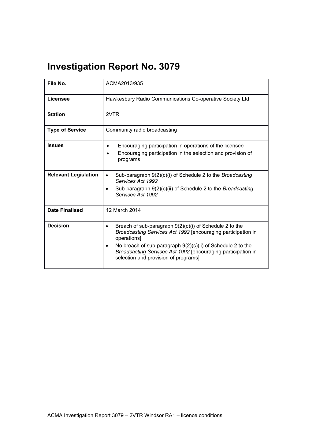 Investigation Report No. 3079