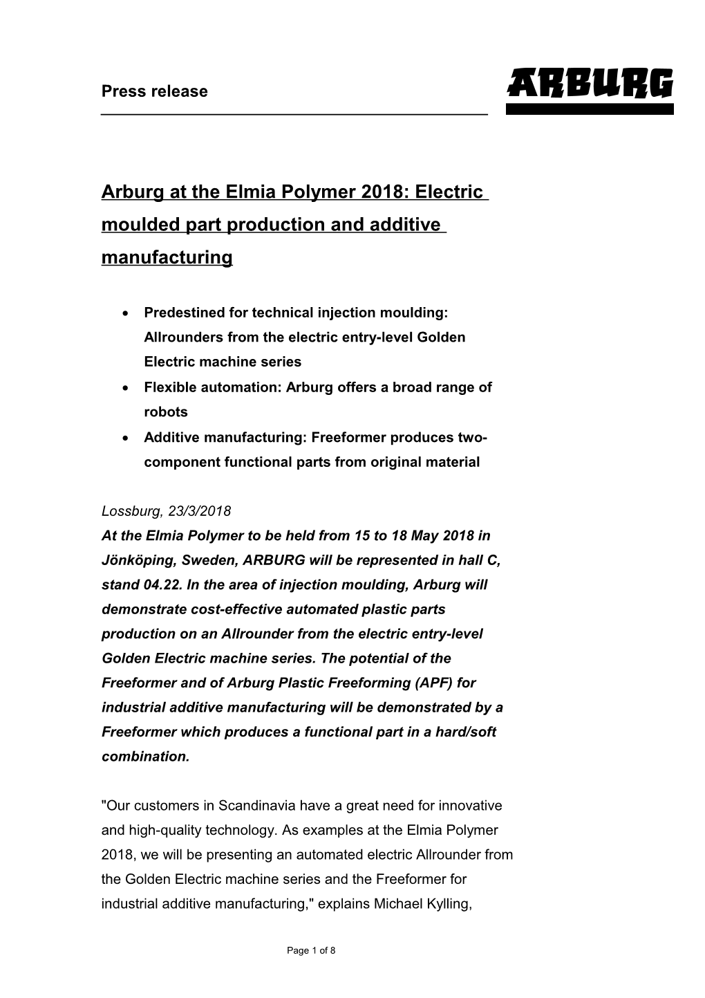 Arburg at the Elmia Polymer 2018: Electric Moulded Part Production and Additive Manufacturing