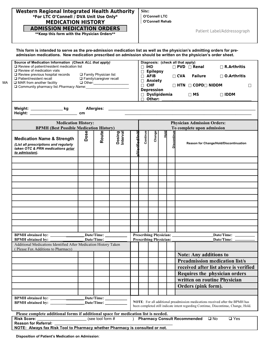 LTC Med Rec Admission Order/BPMH Form