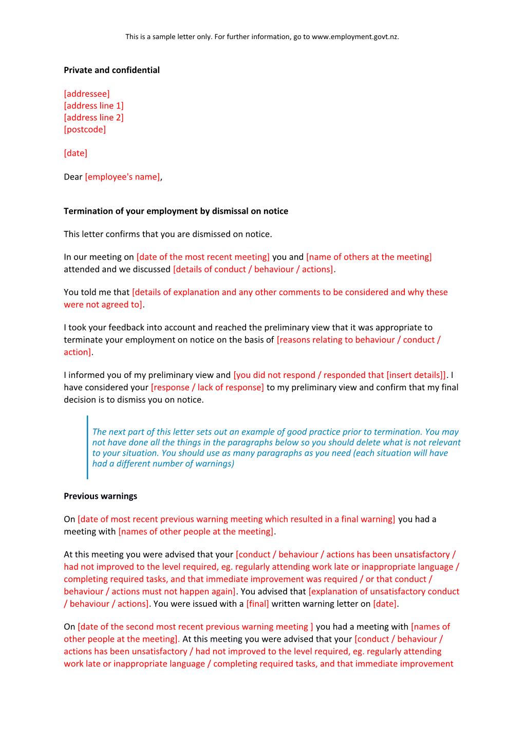 Information About Sample Letter - Termination of Employment (Dismissal on Notice)
