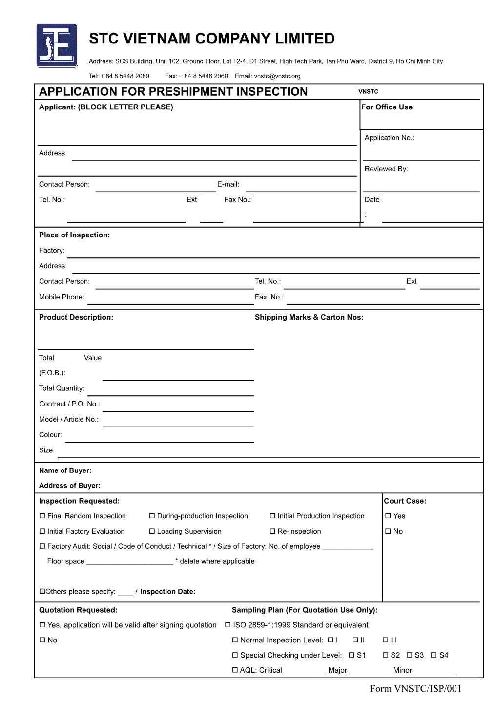 Quotation Requested: Sampling Plan (For Quotation Use Only)