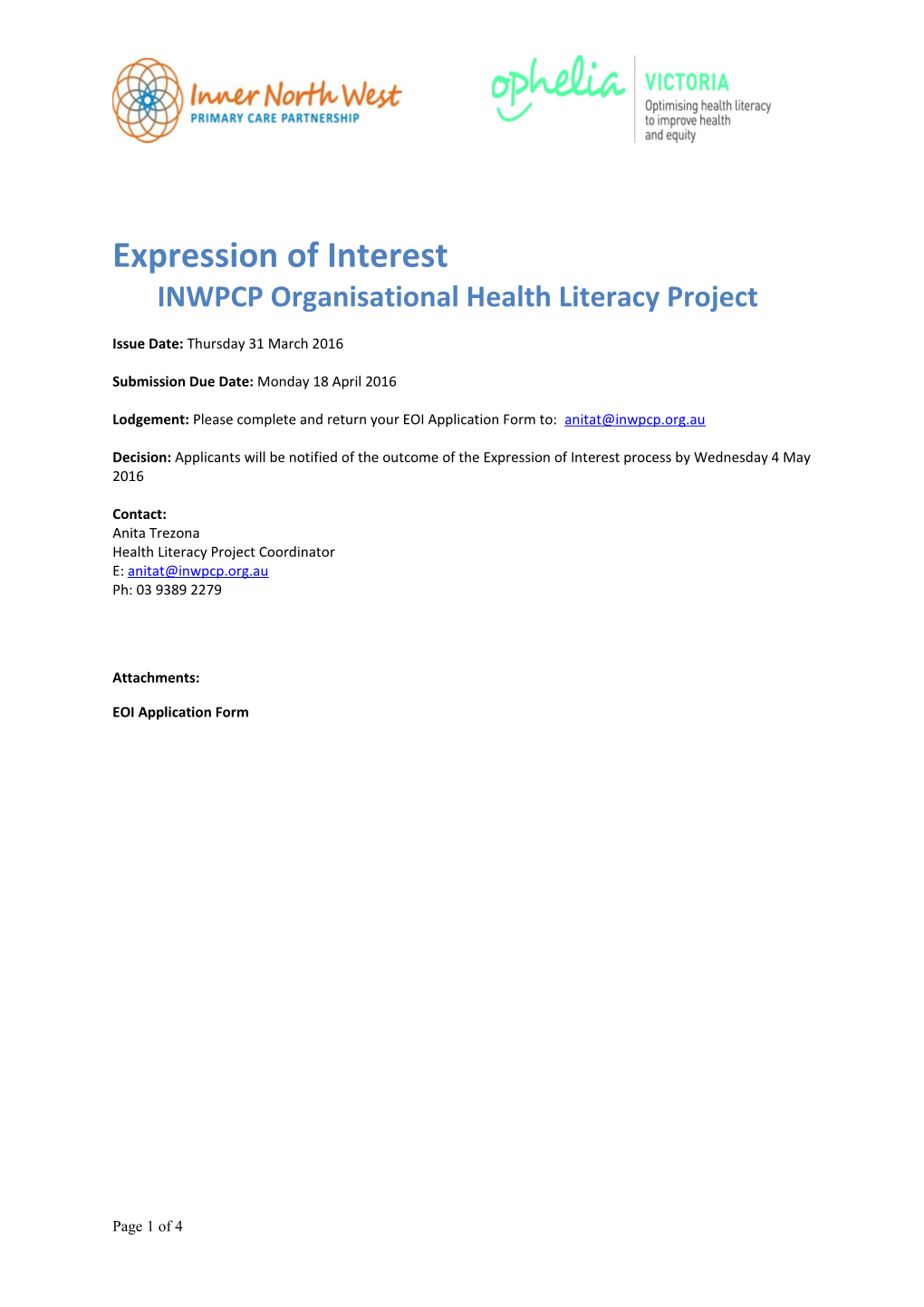 Expression of Interestinwpcp Organisational Health Literacy Project