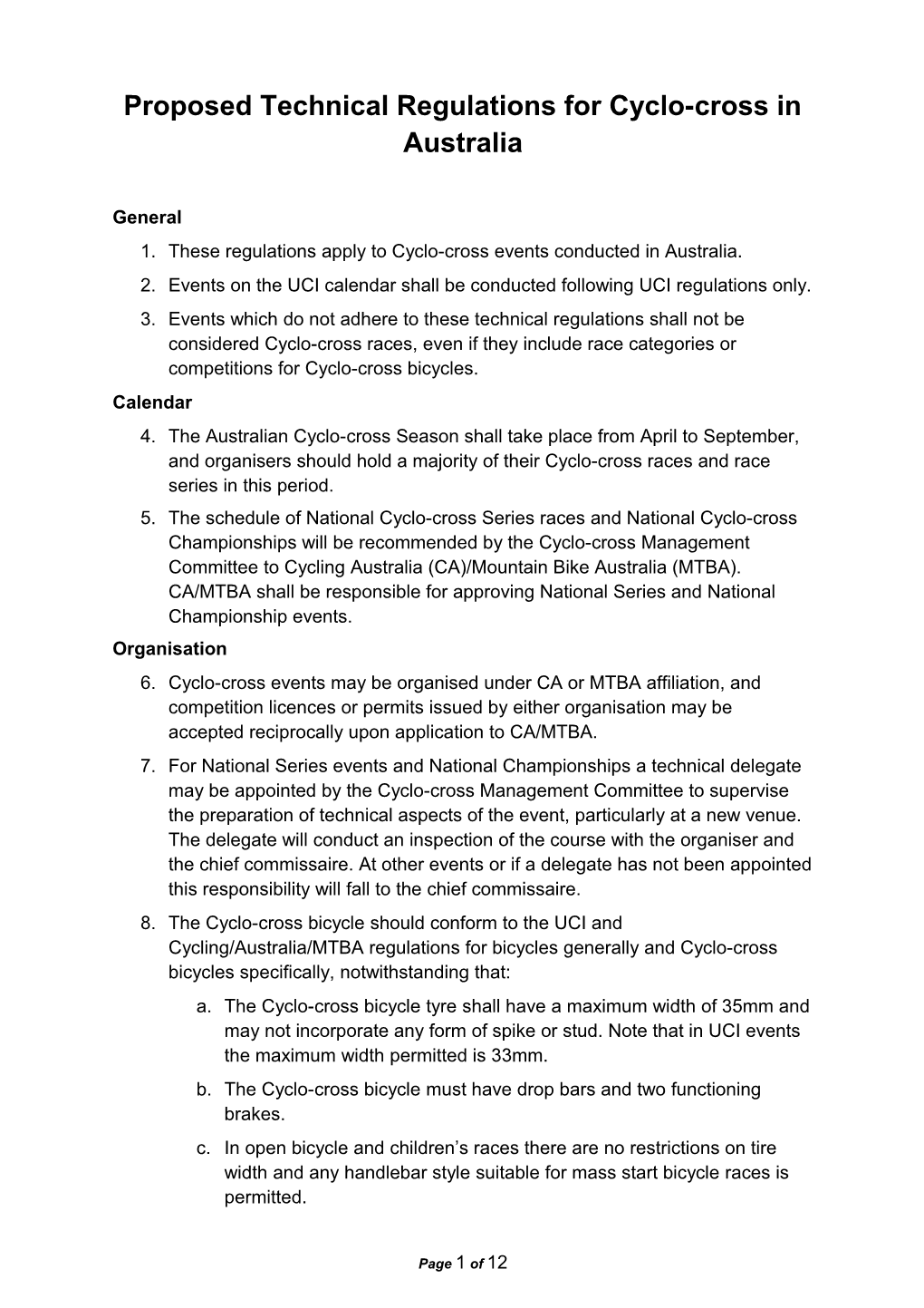 Proposed Technical Regulations for Cyclocross in Australia