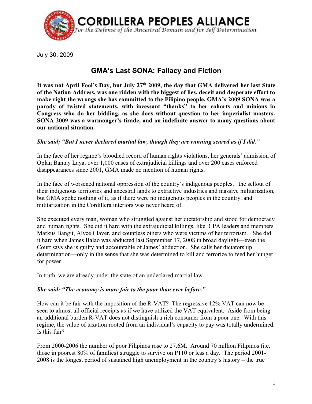Notes for Critique of SONA 2009