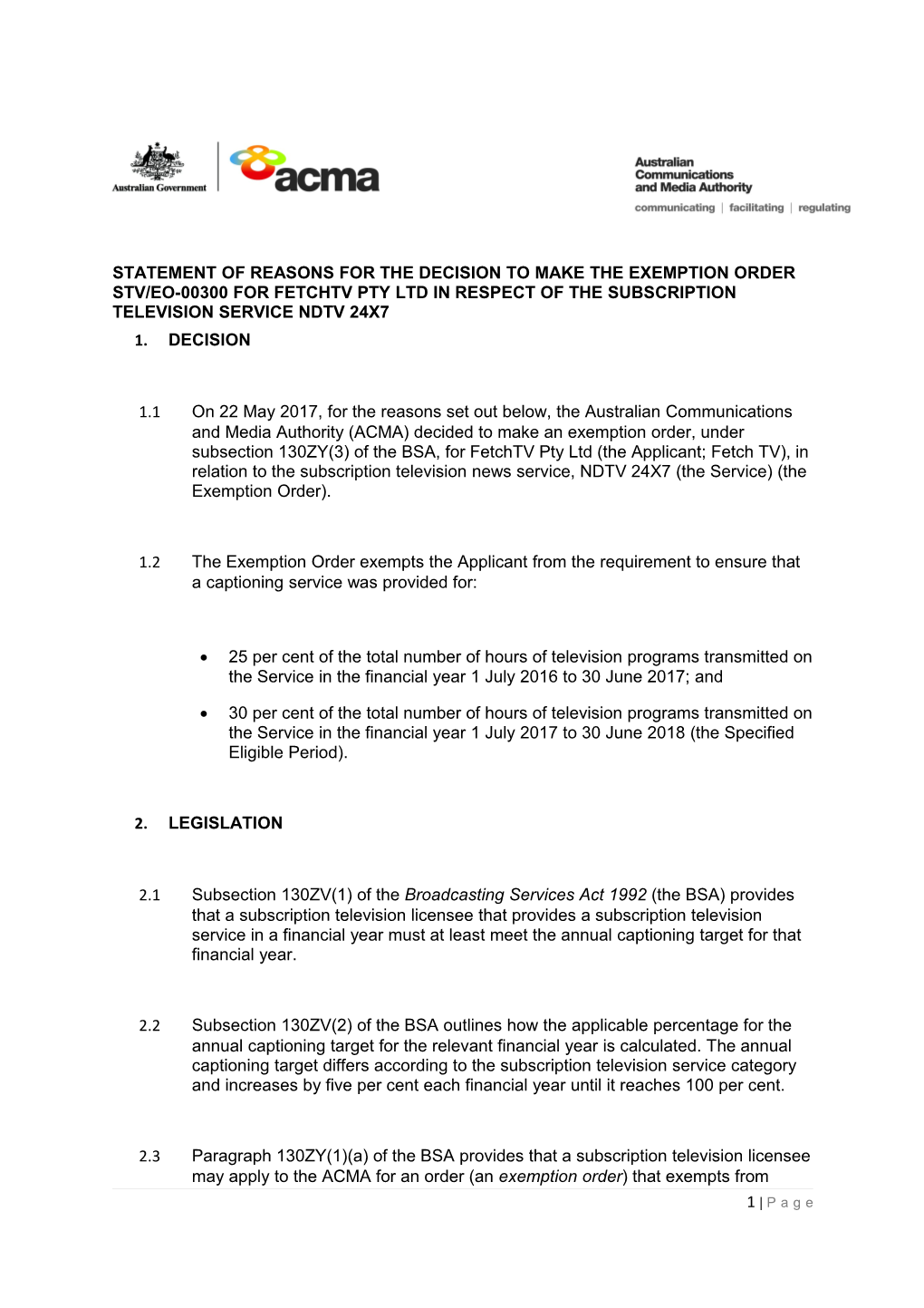 Statement of Reasons for the Decision to Make the Exemption Order Stv/Eo-00300For Fetchtv