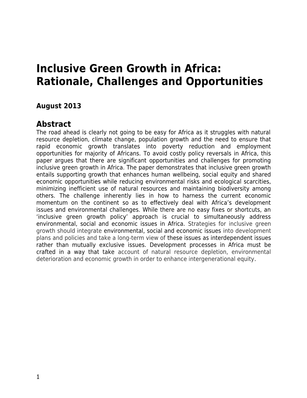Inclusive Green Growth in Africa: Rationale, Challenges and Opportunities