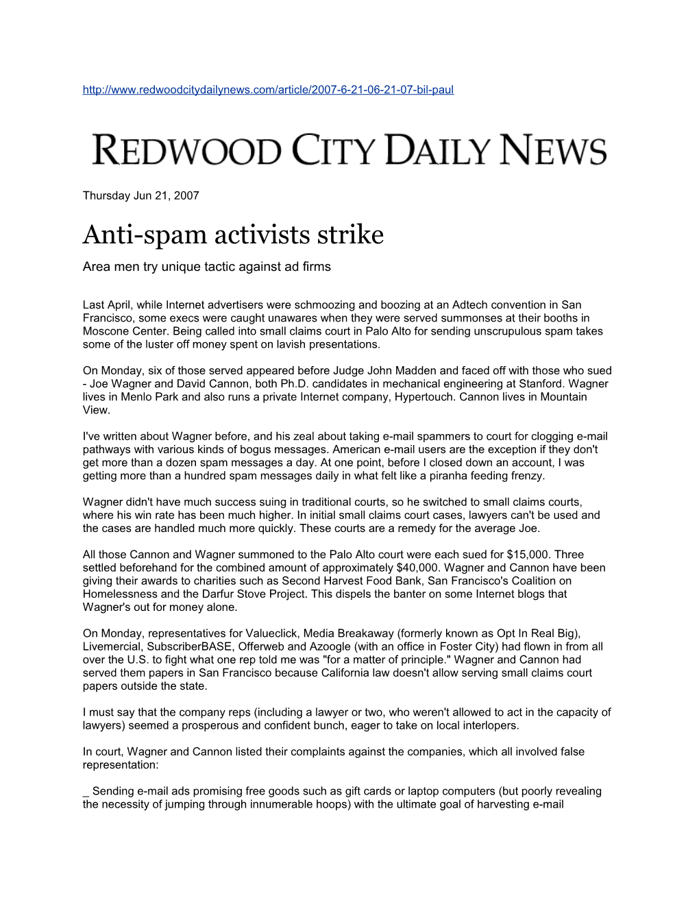 Anti-Spam Activists Strike - Redwood City Daily News